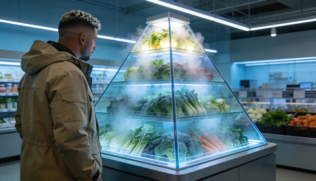 Man looking at a pyramid-shaped vegetable display in a futuristic supermarket. Innovative refrigerated case with misting fresh produce. Healthy food and retail technology concept