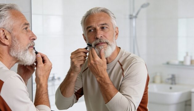 Senior man trimming his grey beard with a razor in front of a bathroom mirror. Mature male performing morning grooming routine. Personal hygiene and self-care concept