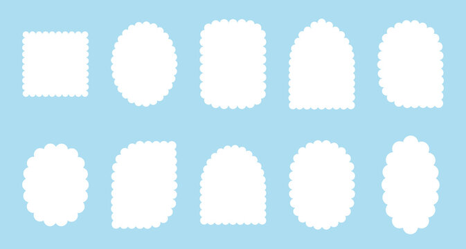 Cute white cloud frames, oval and arch shape frame with scallop edges. Modern aesthetic decorative fluffy banners, abstract vintage wavy labels, simple playful zigzag edge badge template vector set