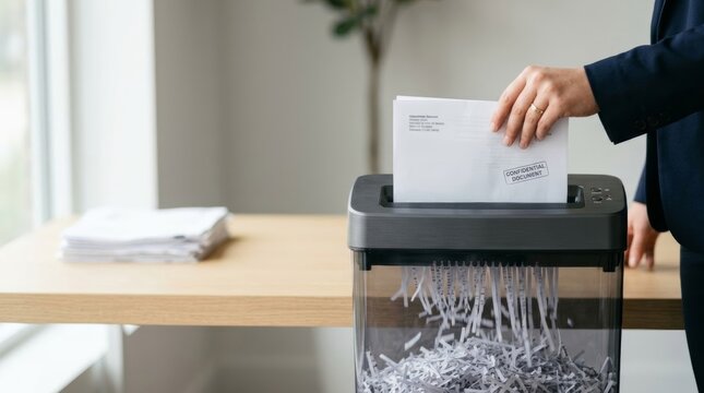 Confidential document being shredded for secure data destruction in minimalist home office