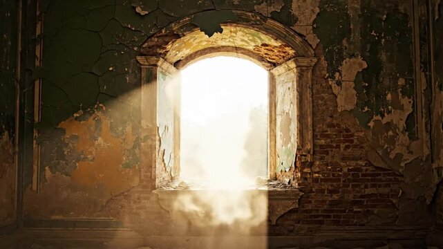 Sunlight streaming through an arched window in a dilapidated room with peeling paint and exposed brick, serene atmosphere