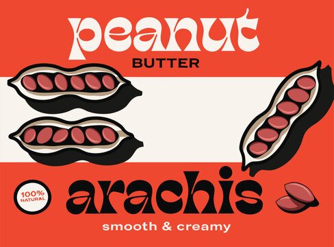 Peanut butter arachis smooth creamy product label design with nuts and pods