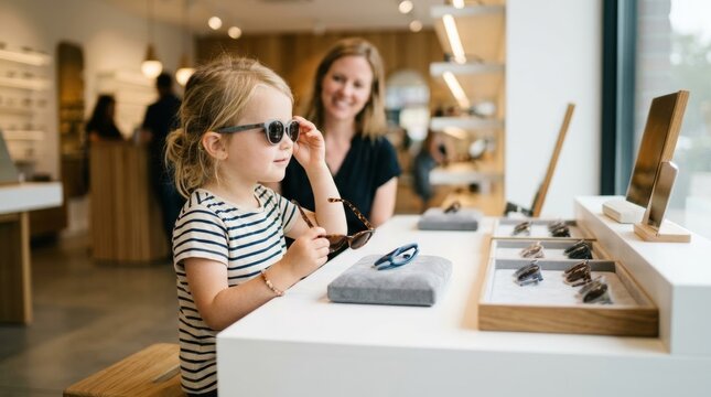 Young girl tries on sunglasses in a modern optical shop, smiling while her mother watches, with copy space