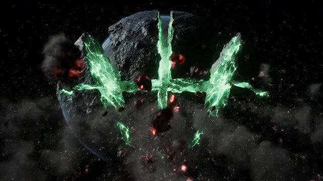Cracked planet exploding with green energy in deep space