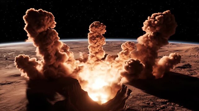 Massive explosion on alien planet surface with smoke plumes and glowing fire
