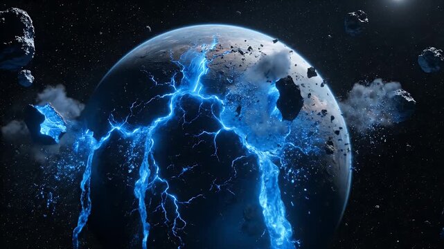 Exploding planet with glowing blue electric cracks and floating space debris