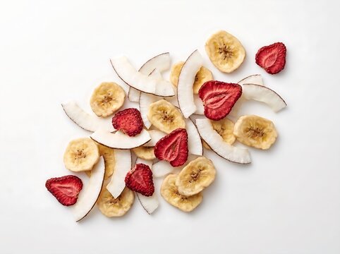 frutas coratadas desidratadas en un fondo blanco 