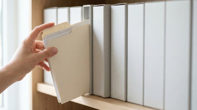 Hand retrieving a document folder from a shelf of uniform archive boxes, symbolizing organization and data management