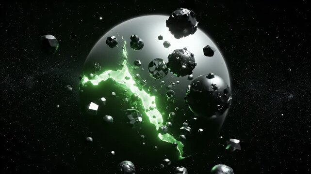 Abstract planet with glowing green energy crack and floating metallic asteroids