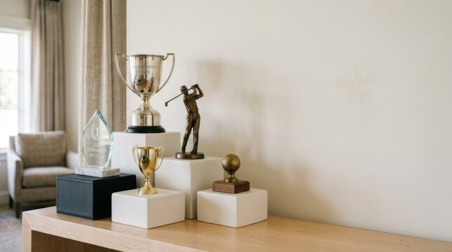 Golf trophies and player figurine on plinths and shelf in upscale clubhouse, empty space for copy