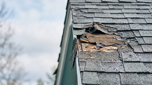 Storm-damaged roof shingles with exposed wood in cloudy weather  