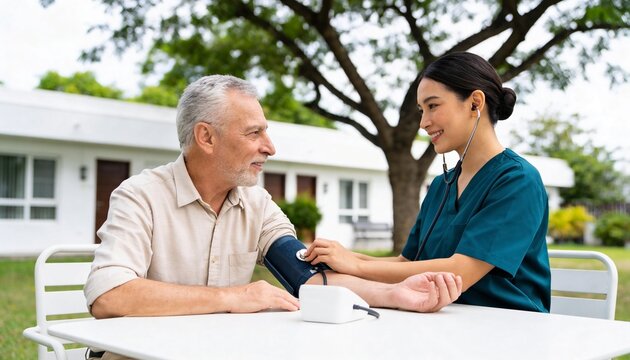 Asian nurse checking blood pressure of elderly man outdoors. Senior healthcare and medical checkup concept. Professional caregiver assisting patient in a garden setting