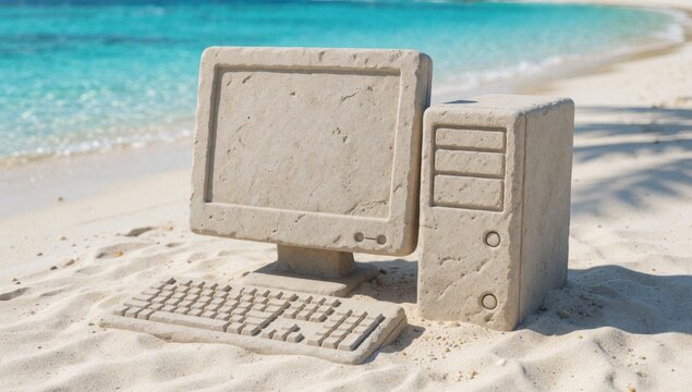 Computer set sandy beach ocean background consists desktop keyboard cpu made concrete has rectangular shape ro