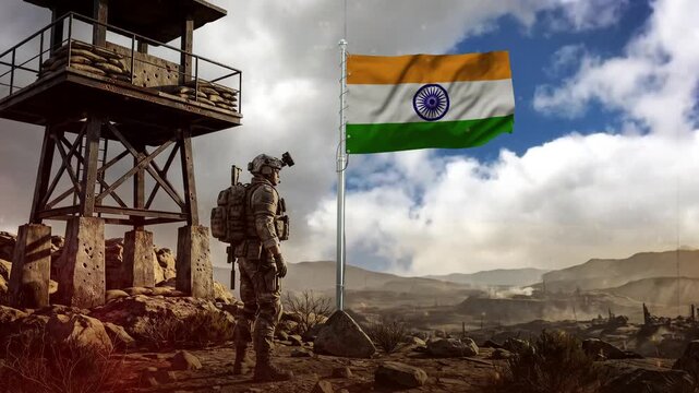 Indian military soldier standing near the national flag on a battlefield