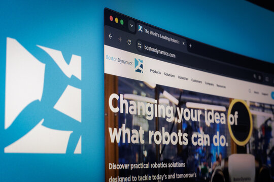 Porto, Portugal - July 23th, 2026: Boston Dynamics logo and humanoid robotics robot technology on display