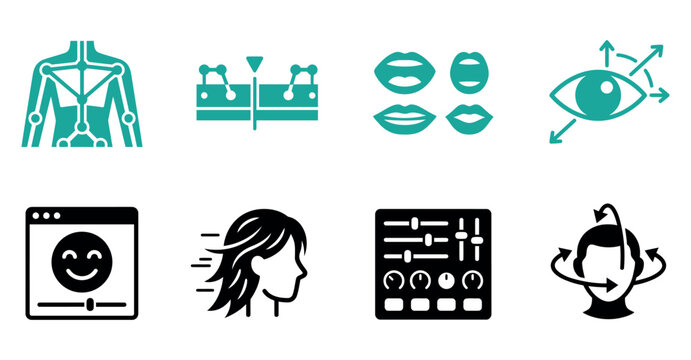 Set of human motion tracking and facial animation icons for computer software and digital character design Minimal solid fill icon set bundle collection. Editable Vector Illustration Mega pack