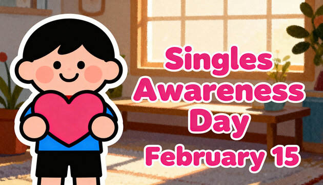 Singles Awareness Day February 15 banner. Smiling cartoon boy holding a large pink heart in an indoor room. Holiday celebration illustration for social media and greeting cards