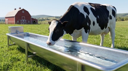 Healthy dairy cow drinking clean water from stainless steel trough on sunny farm 