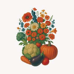 Obraz premium Vibrant floral vegetable arrangement illustration.