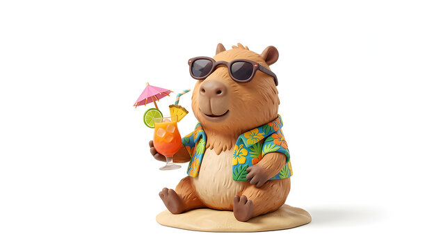 Cute capybara wearing sunglasses and holding a tropical drink, vacation mood, premium soft 3D clay illustration, isolated on pure white background
