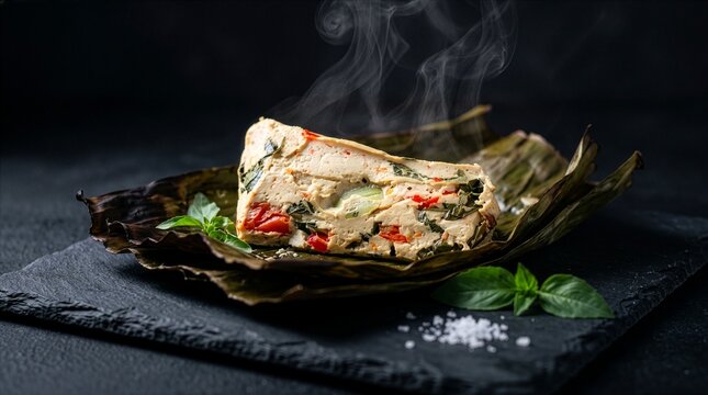 Spicy steamed tofu pepes tahu with chili tomato and basil wrapped in burnt banana leaf on black slate plate, smoke rising
