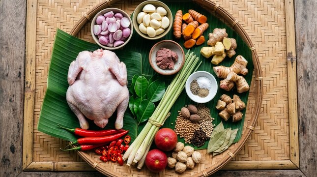 Ayam Betutu Ingredients with Whole Chicken and Balinese Spices