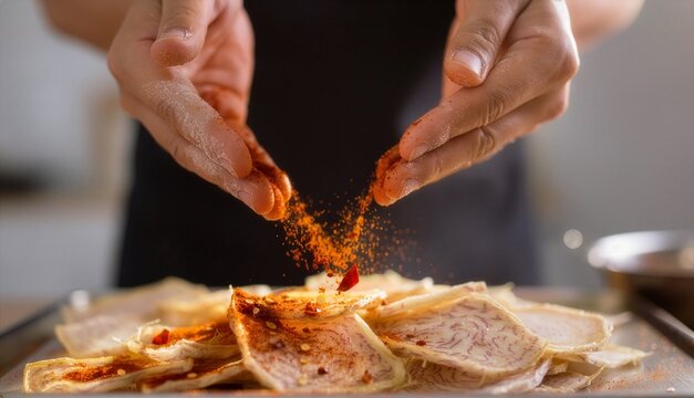 Hands Sprinkling Chili Powder on Crispy Homemade Taro Chips