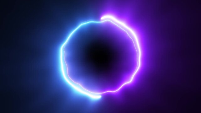 Seamless looping round circle picture frame with two-tone neon color shade motion graphic on isolated black background. Blue and purple light moving for overlay element