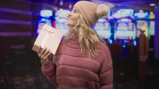 Woman wearing pink knit sweater and beanie holding gift box, smiling and looking up inside a building near slot machines; celebration warmth gratitude.
