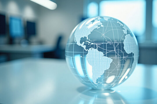 Transparent glass globe with world map and global network connections displayed on a modern office table in a bright business environment