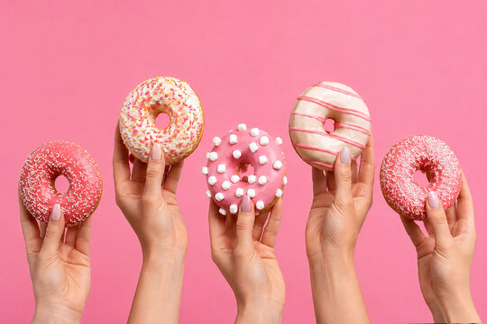 Hands Holding Colorful Donuts on Pink Background, Minimal Sweet Dessert Concept