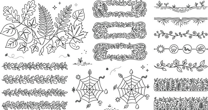 Nature and Forest Botanical Element Bundle Featuring Decorative Leaf Borders Spider Webs Vines and Seasonal Plant Dividers for Creative Illustration Designs
