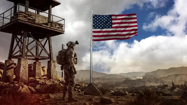 Armed US military soldier observing the battlefield near the American flag