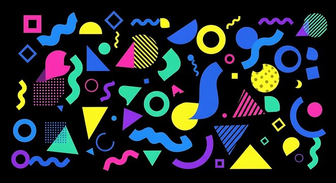 Colorful abstract geometric pattern with playful shapes and symbols.