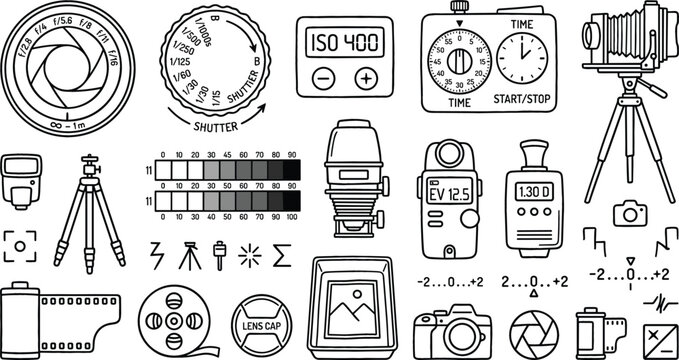 Photography and Camera Equipment Icon Set Featuring Aperture Blinds Shutter Speed Dials Exposure Meters Film Roll Tripod and Darkroom Development Line Symbols