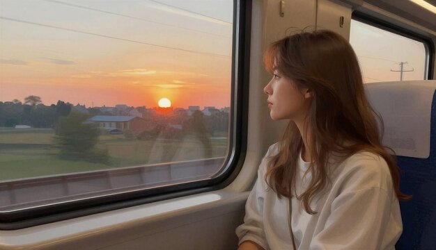 Young woman looking out the window of a train, calm, watching the sunset landscape
