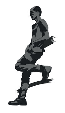 Stylized monochrome illustration of a young man standing with one leg bent, leaning against surface. Simple modern vector illustration.