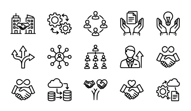 Corporate merger integration and partnership outline icon set editable stroke business vector