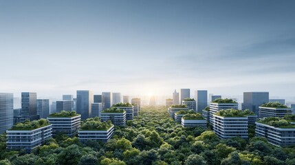 Obraz premium Green city with buildings featuring rooftop gardens and vertical forests