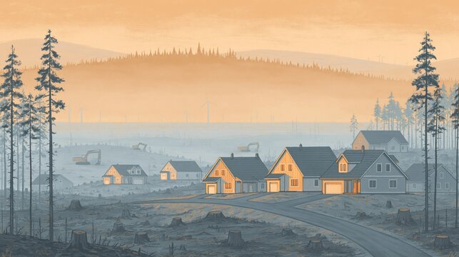 New houses standing in a deforested landscape illustrating urban sprawl and environmental impact