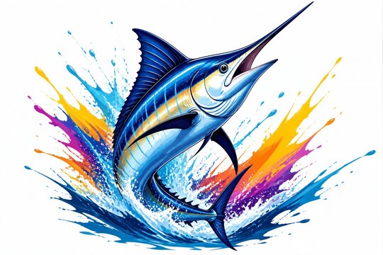 Blue marlin leaping with colorful paint splash on white background