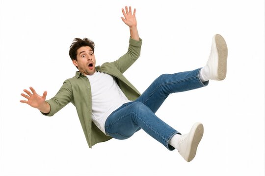 Young man falling backward against plain white background