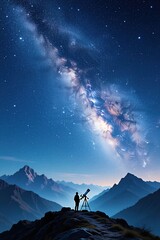 Fototapeta premium Silhouette of astronomer stands on rocky mountain peak at night. Person uses telescope to observe milky way galaxy in vast starry sky above wilderness peaks. Clear cosmos view provides serene