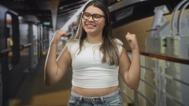 Young hispanic woman wearing glasses, white crop top and jeans flexes fists in a playful victory pose along a ship deck corridor inside a building near railings and lifeboat gear; confidence.