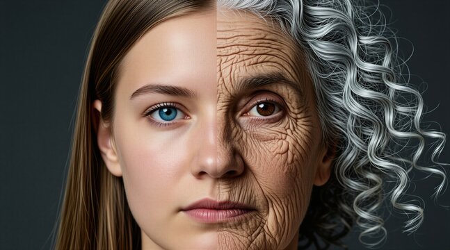 Split face portrait shows young woman versus old senior female. Concept of aging process with wrinkles, grey hair side by side. Comparison of youth, maturity features in skin evolution. Female