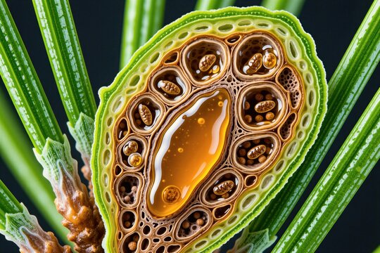 Microscopic view of pine needle cross section shows resin ducts, plant anatomy. Detailed botanical illustration amber secretion inside conifer leaf tissue. Macro structure displays biology cells in