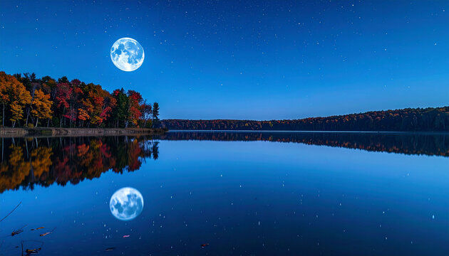 満月が輝く秋の夜の湖畔　紅葉した木々と星空が水面に反射する幻想的で美しい風景写真　コピースペースのある静寂な自然の背景素材