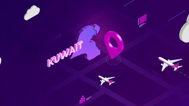 Isometric Design, Kuwait Map Silhouette Location Pin and Airplanes on Purple Animation, Travel Background