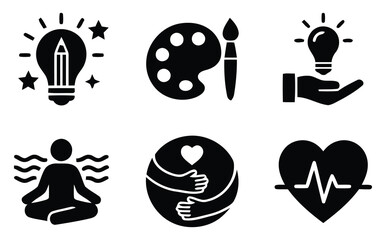 Set of black and white vector icons representing creativity art ideas meditation self care and healthy heart lifestyle © ROBIN