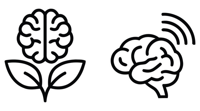 Set of two simple black line icons depicting a growing brain plant and a brain emitting radio waves